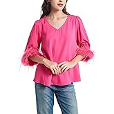 Women's Feather Blouse Party Top 3/4 Sleeve Cuff Casual V Neck Wedding Guest Cocktail Blouse T-Shirt