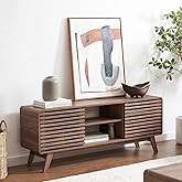 mopio Ensley 59" Tall TV Stand with Slatted Door, Mid Century Modern Entertainment Center for 55-65 inch TV, Farmhouse Media Console with Storage, Adjustable Shelves, Round Edges, Living Room (Walnut)