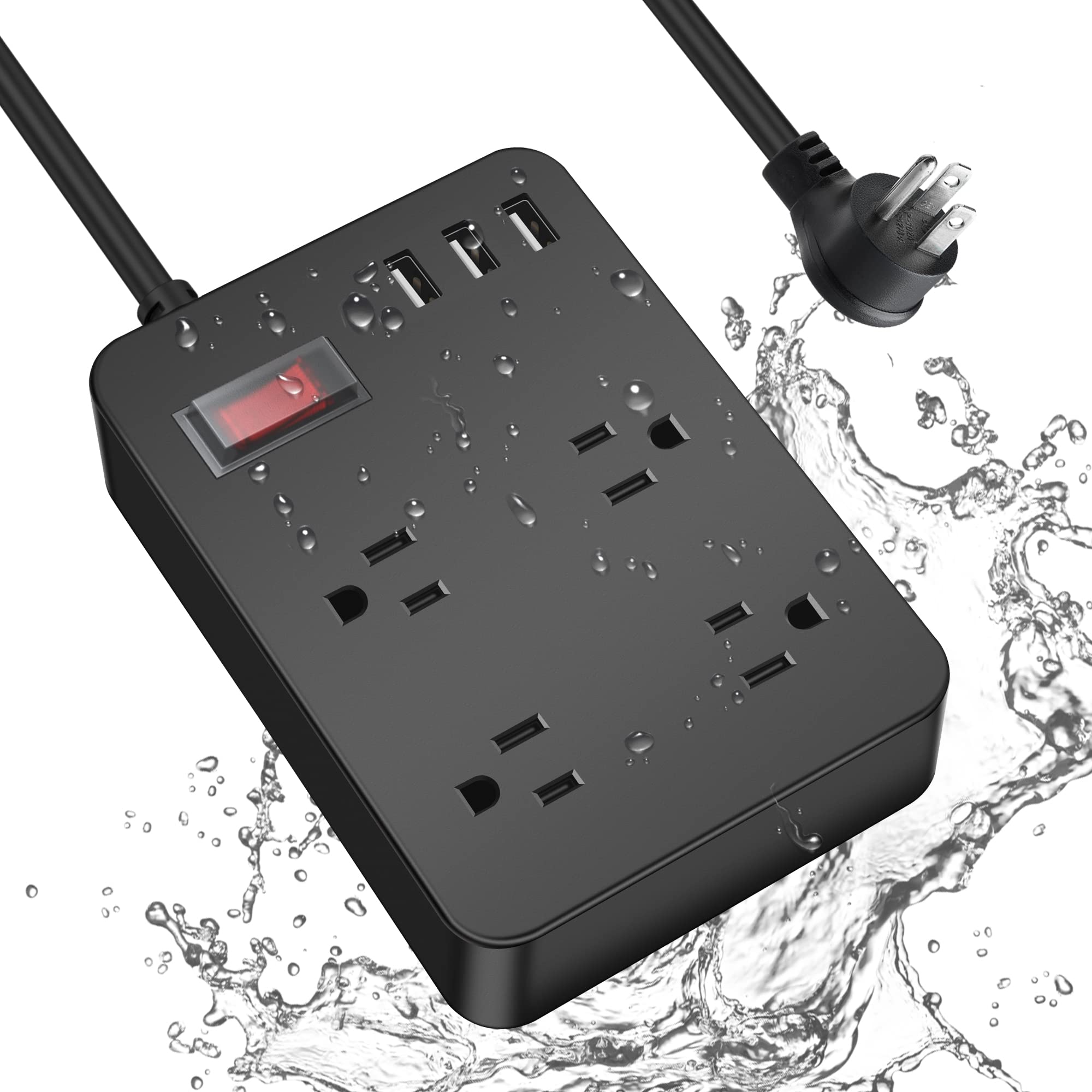 Photo 1 of Outdoor Power Strip Weatherproof,Waterproof Surge Protector with 4 Outlets,3 USB,Shockproof Overload Protection, Multi Outlet Extension for Camping, Garden, Kitchen, Bathroom, 6ft Cord,with Flat Plug