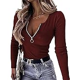 OwnTime Womens Sexy Tops Long Sleeve Henley Shirts Fitted Low Cut Tops Ribbed Zipper V Neck Cleavage Fall Shirts Blouses