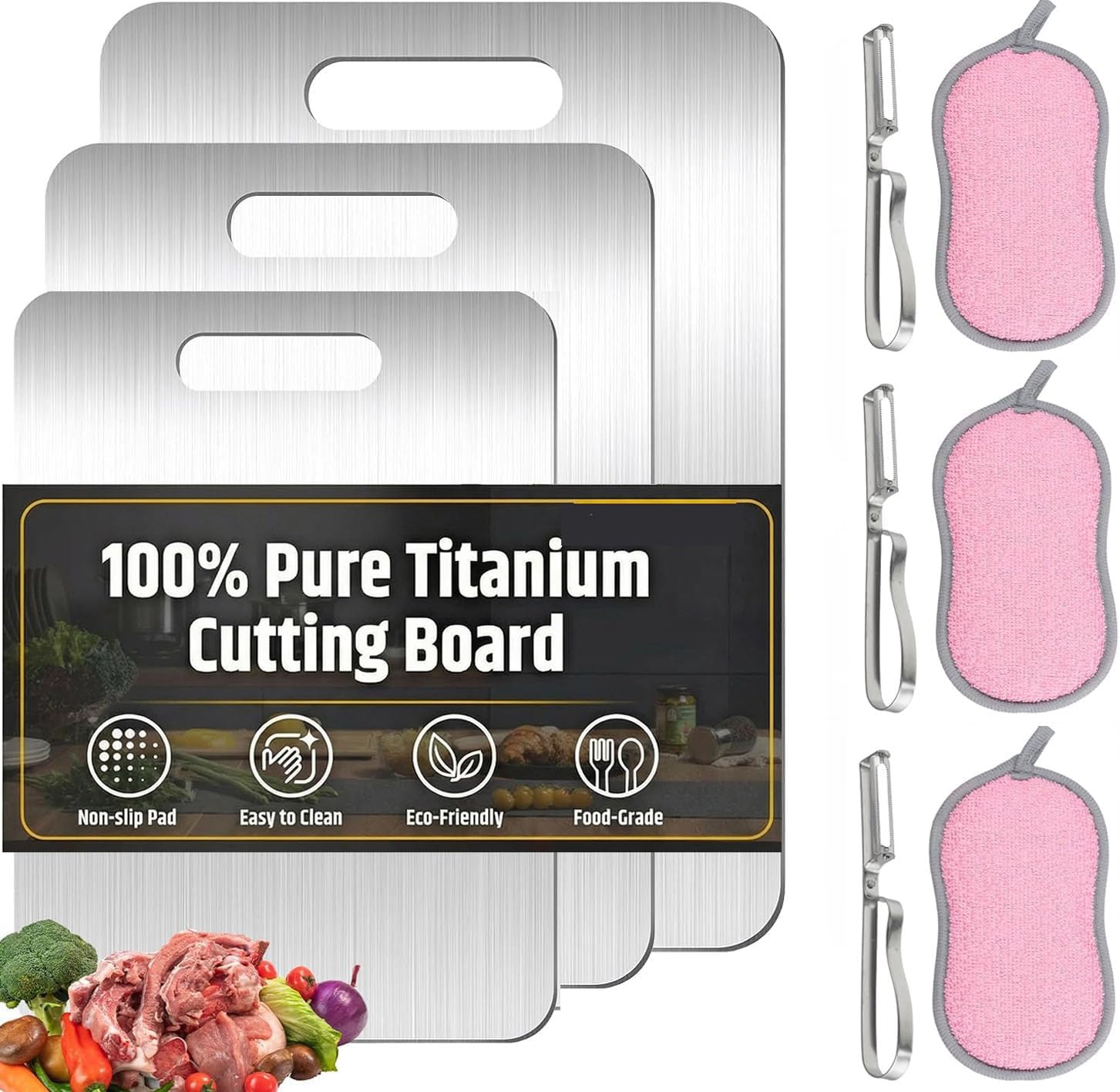 Titanium Cutting Board, Stainless Steel Cutting Board for Kitchen, Titanium Chopping Board with Kitchen Sponge & Rotary Peeler, Double-Sided 304 Chopping Board for Meat (3 Pack)