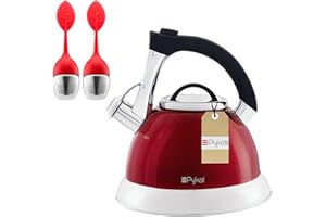 PYKAL Whistling Kettle - 3L Stainless Steel Tea Kettle with iCool Handle - 5-Walled Teapot with 2 Infuser Strainers - also for Induction, Gas Hob or Electric Stove Top - Red