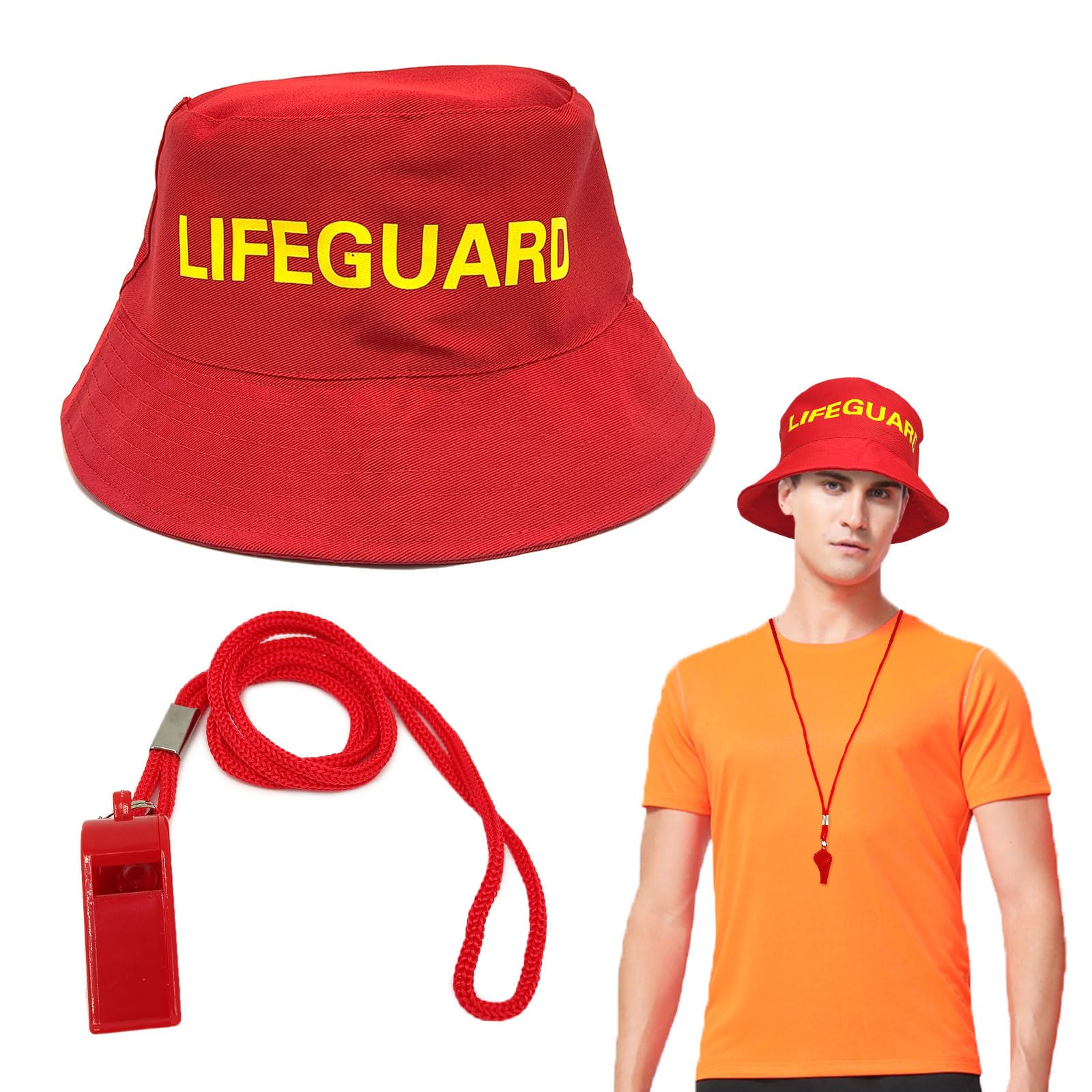 EUPSIIU 2 Pieces Lifeguard Costume Set Include Lifeguard Hat and Guard Whistle, Lifeguard Accessories Red Bucket Hats e Fancy Dress Accessories for Adults Men Women, Halloween Dress up Party (2PCS)