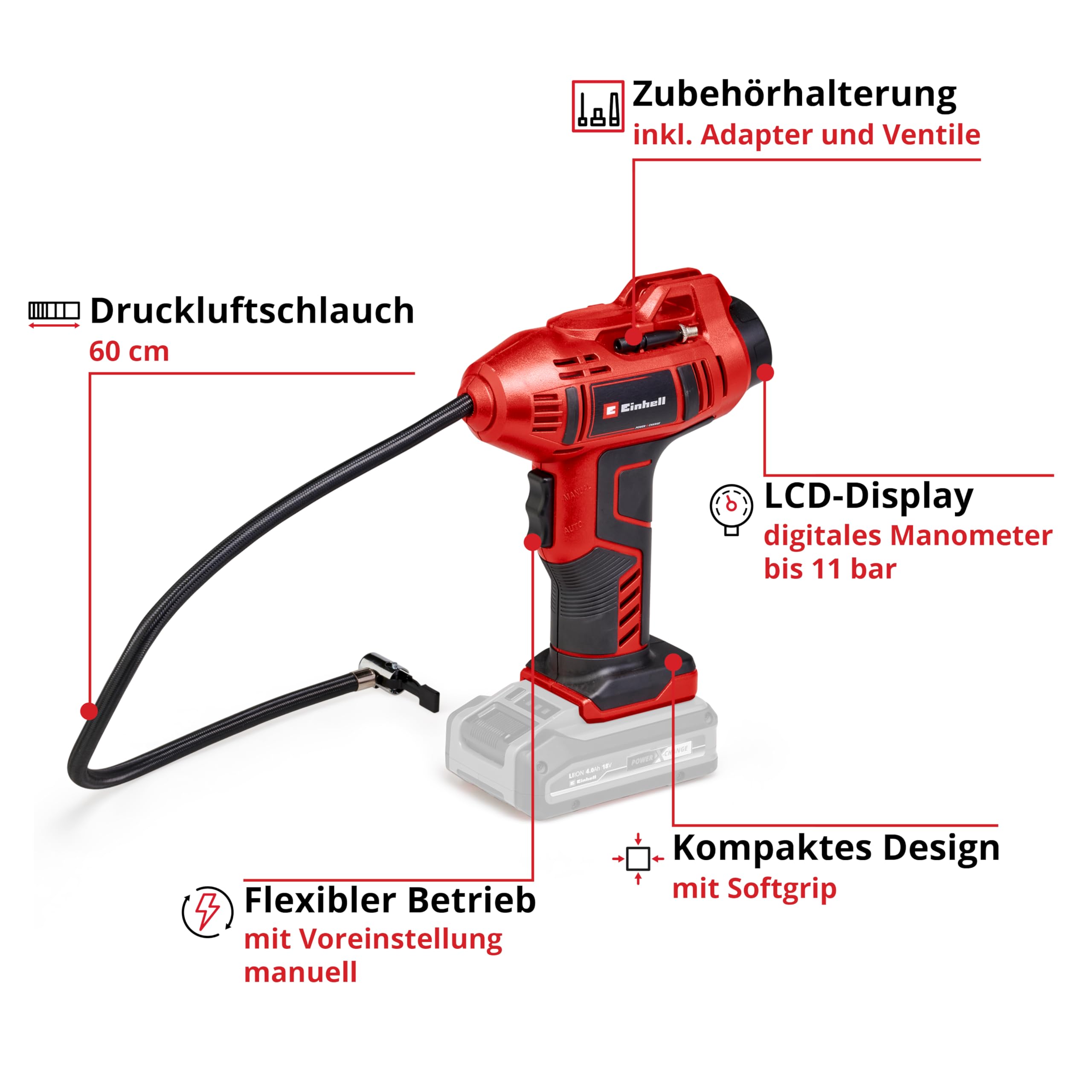 Einhell Akku-Autokompressor CE-CC 18 Li-Solo Power X-Change (Li-Ion, 18 V, max. 11 bar, 60 cm Druckluftschlauch, automat. Abschaltfunktion, Lieferung ohne Akku & ohne Ladegerät) 4