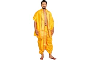 EXOTIC INDIA Ready to Wear Dhoti and Veshti Set with Woven Golden Border - Art Silk