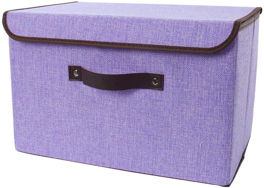 uxcell Linen Fabric Foldable Storage Bins Container with Lid and Faux Leather Handles, Storage Toy Boxes Cubes Organizer for Clothes Home Office Closet Bedroom Purple, Large