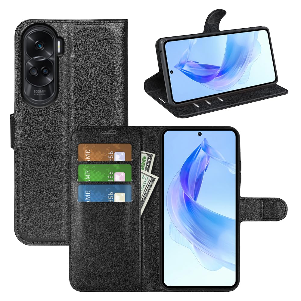 JIUNINE Case for Honor 90 Lite, Leather Wallet Case Flip Cover with [Card Slot] [Magnetic Closure] [TPU Inner Shell] for Honor 90 Lite, Black