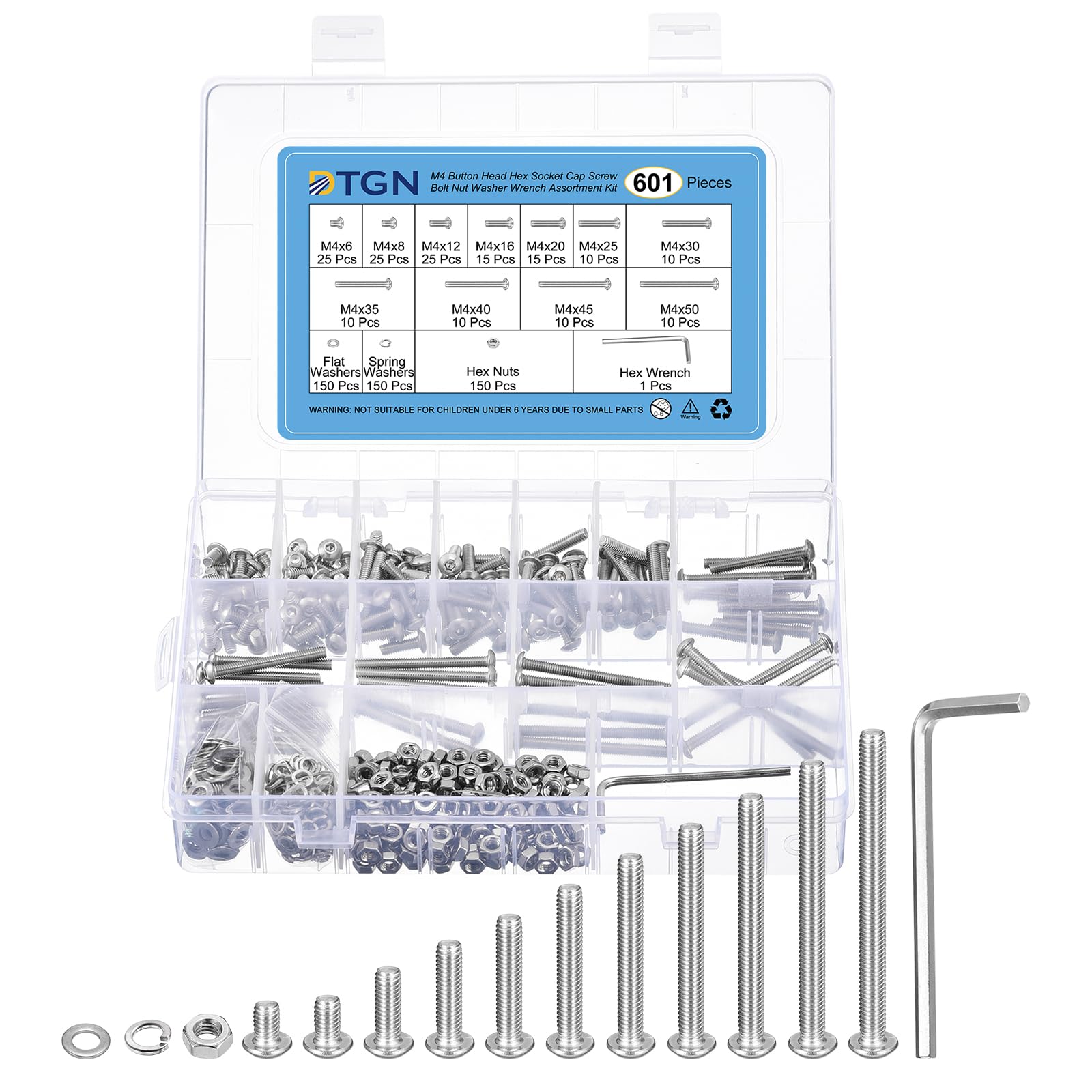 DTGN 601Pcs M4 Button Head Hex Socket Cap Screw - 6-50mm Bolt Nut Washer Wrench Assortment Kit 304 Stainless Steel - Good for Machine, Furniture