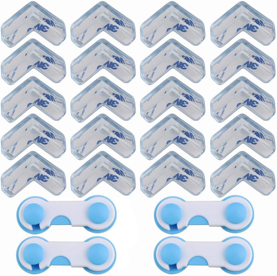 GTIWUNG 20Pcs Baby Safety Proof Corner Guards, Table Corner Clear Protectors, Anti-Collision Corner Set, Furniture Edge Anti-Crash Cushion, with 4Pcs Baby Door Safety Locks for Drawer, Cupboard