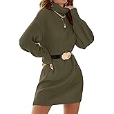 SunnyMelody Womens Turtleneck Sweater Dress Fall Winter 2025 Trendy Long Lantern Sleeve Casual Knit Pullover Mini Dresses