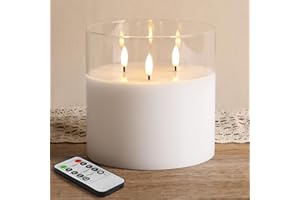 Eywamage 3 Wick Large Flameless Candles in Clear Glass, Flickering LED Battery Pillar Candle with Remote Φ 6" H 6"