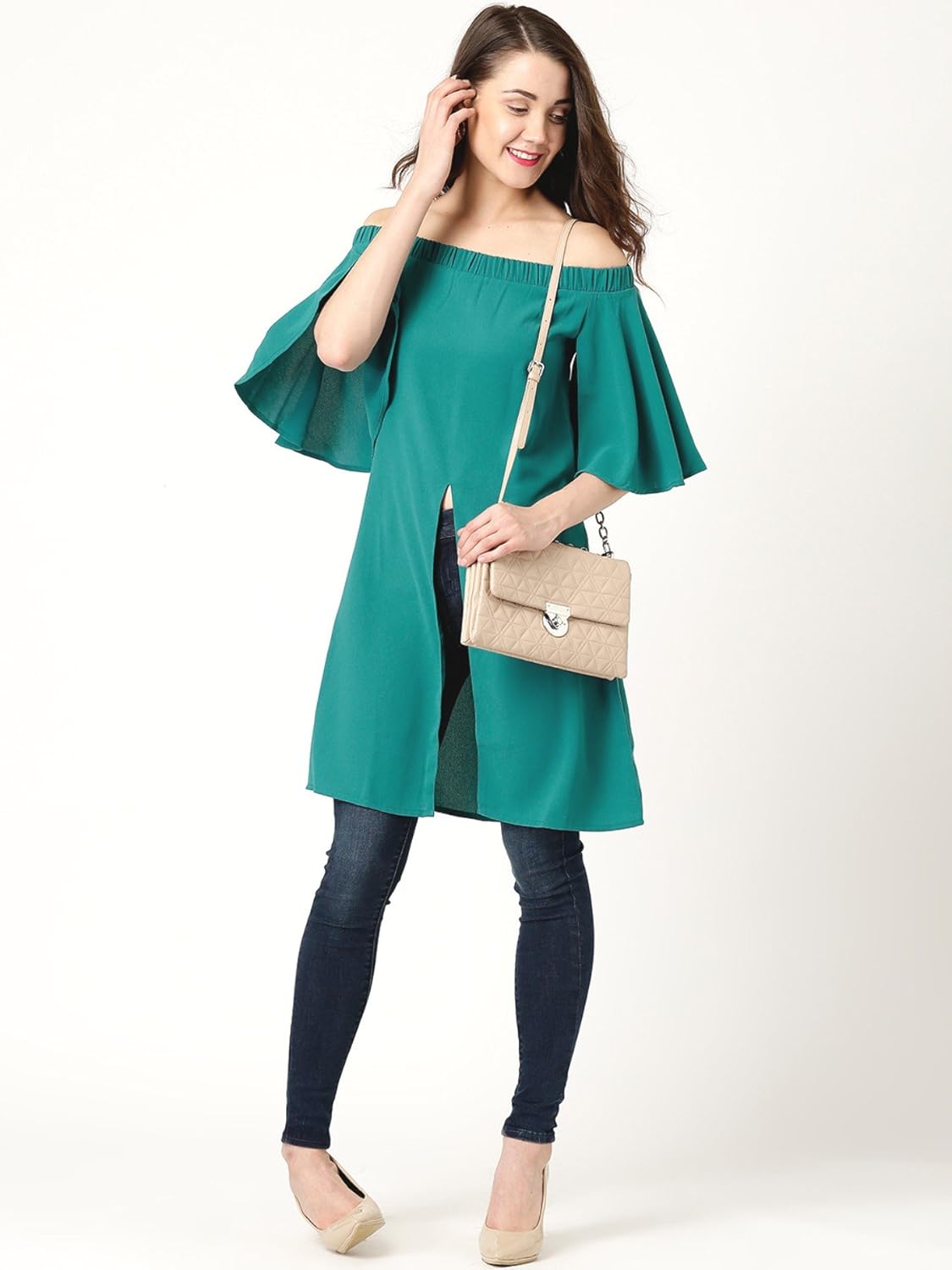 marie claire women teal green solid regular off-shoulder top (mc10240a)
