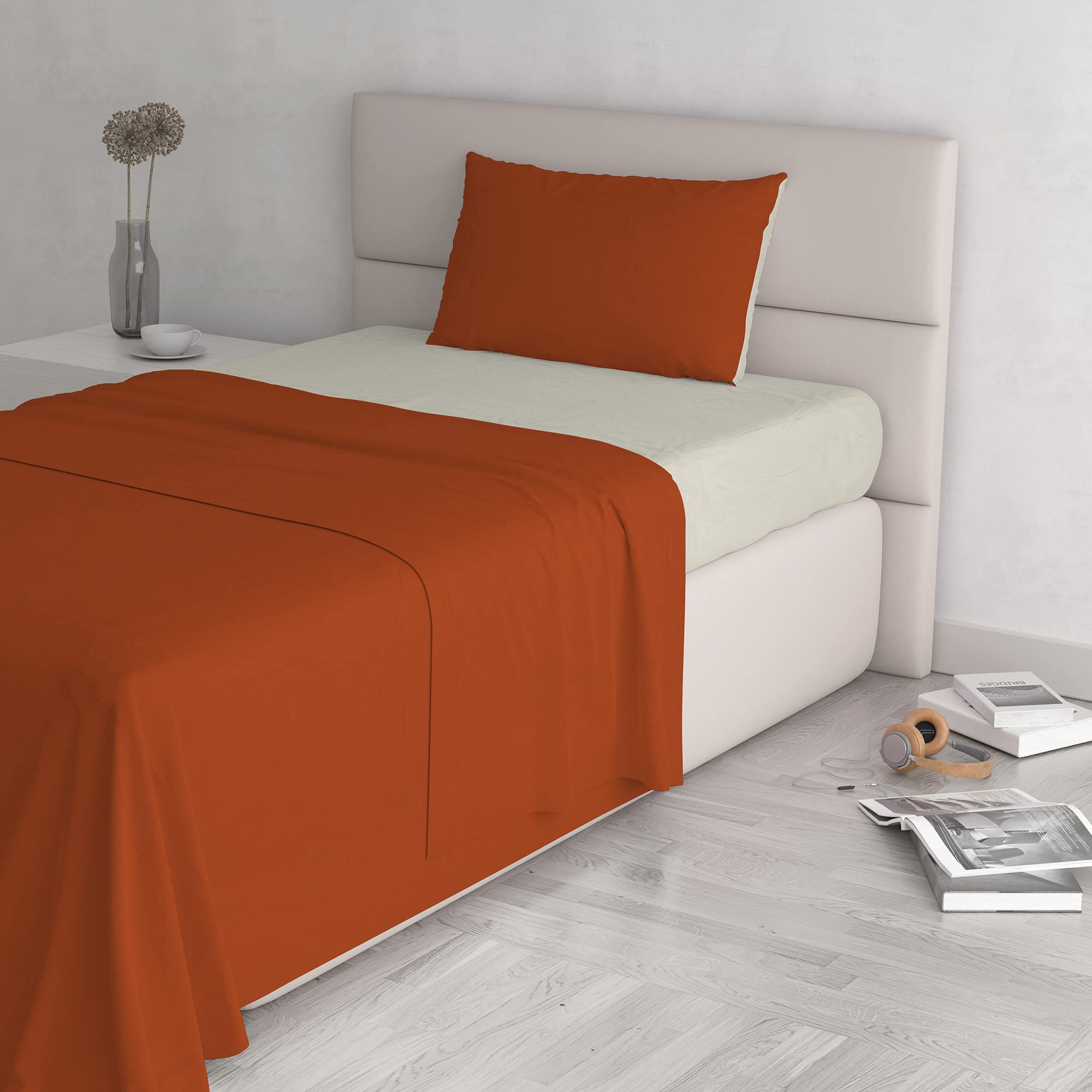 Italian Bed Linen Natural Color Bed Set (Flat 180x300, Fitted Sheet 120x200cm+Pillowcase 52x82cm), Petrol Bottle Green, 100% Cotton, Earthy/Cream, SMALL DOUBLE