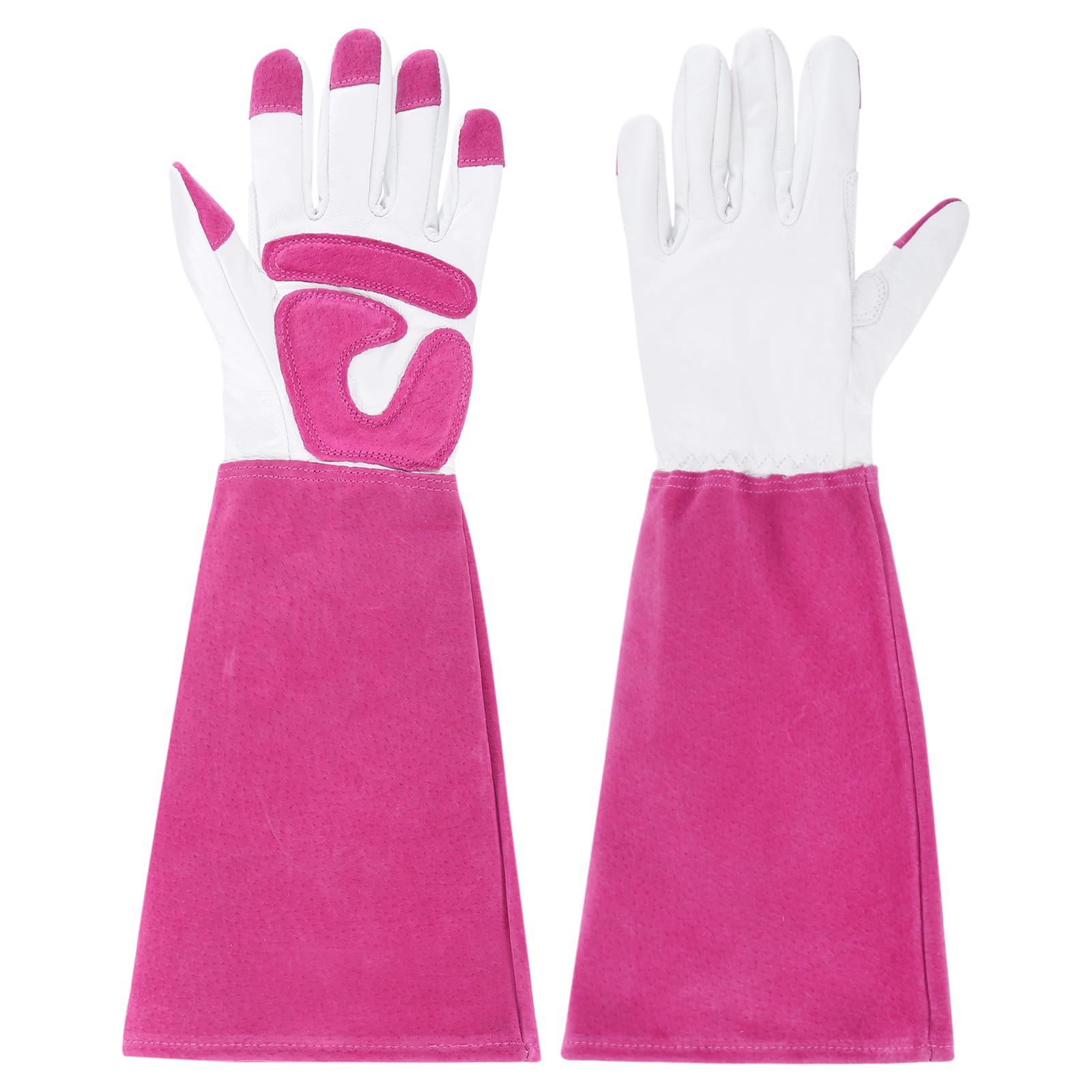 PATIKIL M Long Gardening Gloves, Cowhide Leather Rose Pruning Garden Glove Thorn Proof Women Garden Gloves for Women Men Planting Pruning Digging, White/Rose Red
