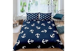 Feelyou Nautical Bedding Set Ocean Anchor Decor Duvet Cover Sailor Pirate Captain Comforter Cover Sea Adventure Bedspread Cover for Kids Boys Bedroom Collection 3Pcs Queen Size,Navy Blue