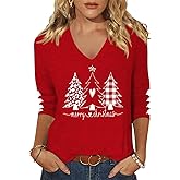 Casual 3/4 Sleeve V Neck Shirt for Women Funny Holiday Graphic Tee Fall Winter Loose Fit Tops