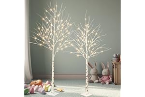 PEIDUO Set of 2 Lighted Birch Tree, Prelit White Christmas Tree, Light Up Artificial Trees with Dimmable & Timer, Twinkling Twig Tree with LED Lights for Home Decorations Outdoor Indoor Decor 5FT 6FT
