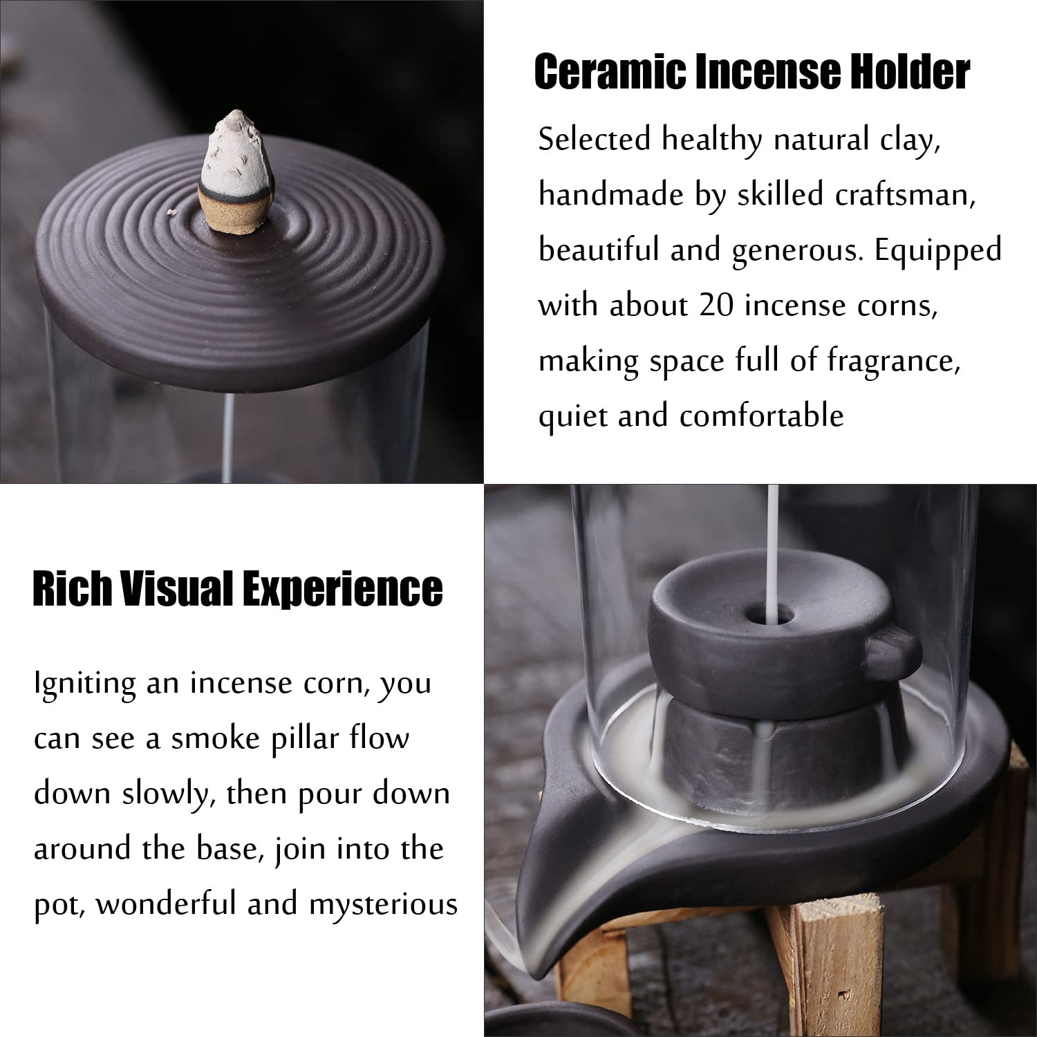 Ceramic Incense Burner Set, Windscreen Backflow Waterfall Incense Holder with Wooden Rack, Retro Home Office Deco Gift Ornament Aromatherapy Yoga Zen, 20 Free Cones