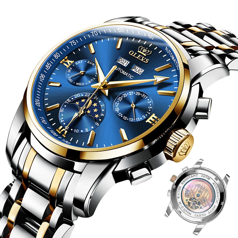 OLEVS Mens Womens Luxury Watch Automatic Mechanical Self Winding Sapphire Crystal Diamond Day Date Display Genuine Leather Business Dress Watches