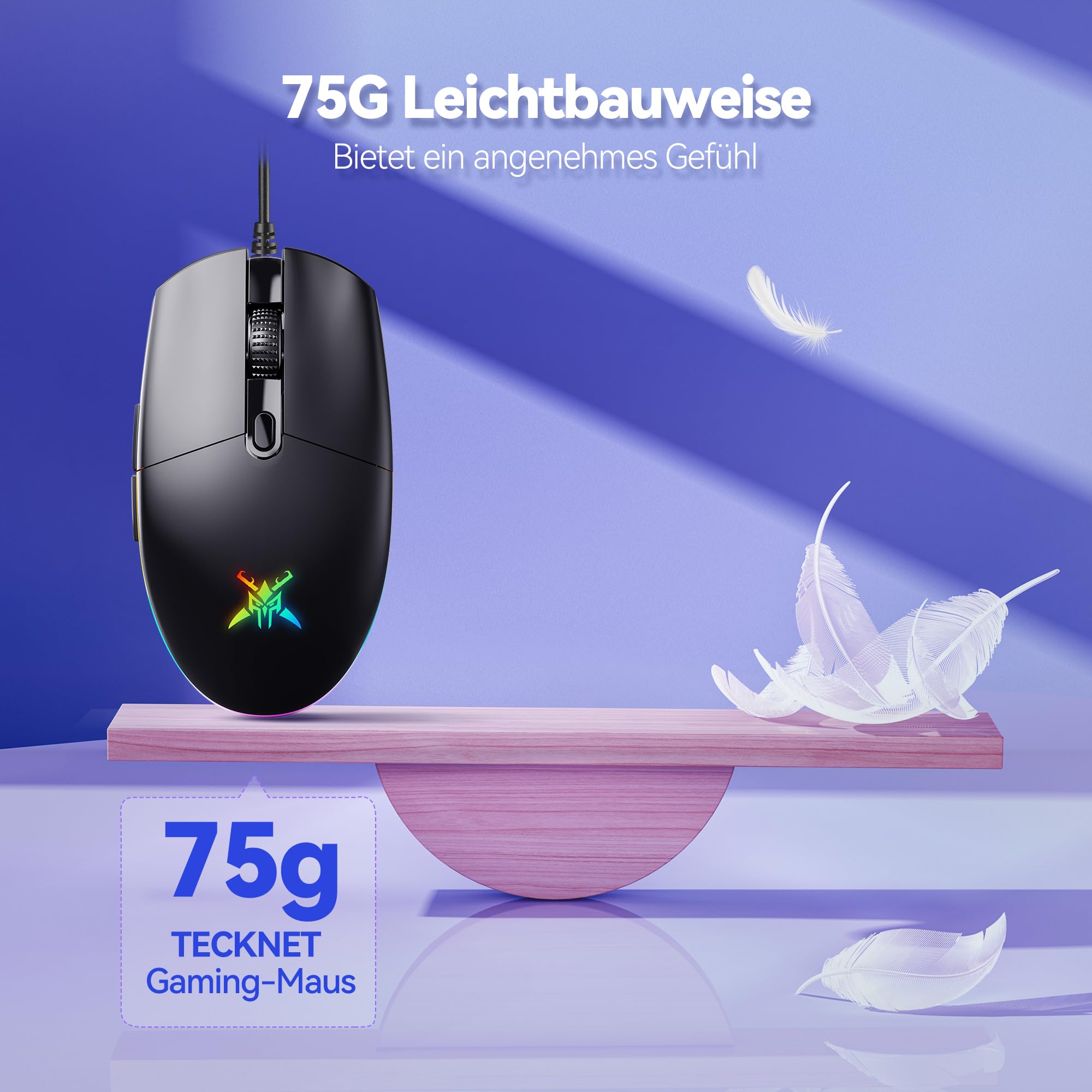 TECKNET RGB Gaming Maus Kabelgebundene, 10000 DPI, 6 programmierbaren Tasten, 10 Millionen Klicks Lebensdauer, Ergonomische USB Gaming Maus mit Kabel für PC Kohlenstoff-Schwarz 5