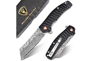 AUBEY Damascus Pocket Knife, 3.34 inch Damascus Steel Hollow Grind Blade, Folding Knife with Ball Bearing, Aluminum Handle, EDC Knife for Outdoor Camping Hunting (Black)