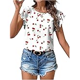 SweatyRocks Women's Cherry Print Ruffle Sleeve Blouses Dressy Casual Crew Neck Tops