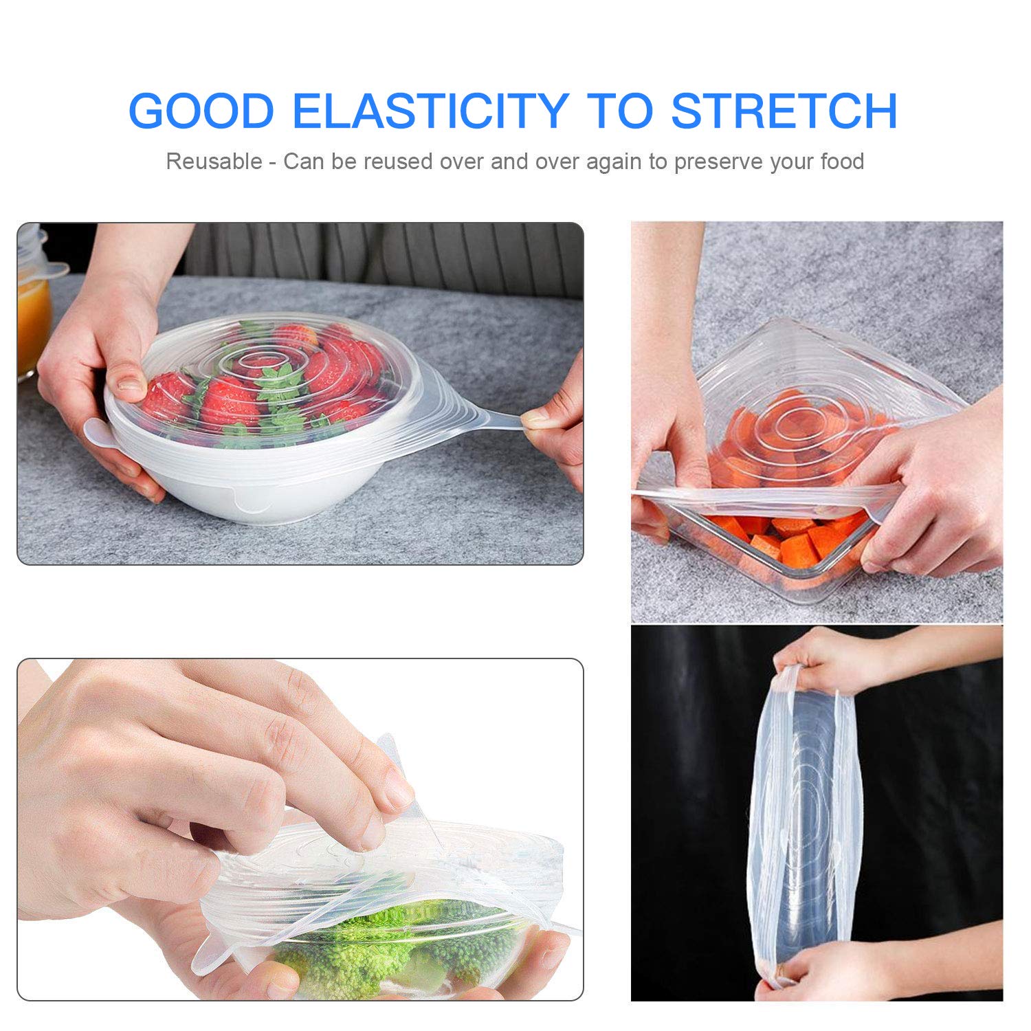 Tapa elástica de silicona, 12 PCS Reutilizable Fundas Protectoras para Alimentos Tapa Tazas, Paquetes de Varios TamañOs, Lavavajillas, Microondas, Horno y congelador, Sin BPA