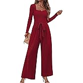 LOOKBOHO Womens Jumpsuit Dressy Square Neck Long Sleeve Belted High Waist Wide Leg Romper with Pockets One Piece Casual Outfits Wine Red S
