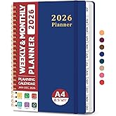 2026 Planner, Weekly and Monthly Calendar Planner, January 2026 - December 2026, Hardcover 2026 Calendar Book with Tabs For Women & Men, Inner Pocket, Spiral Bound, Perfect for Office Home School Supplies - A4 (8.5" x 11"), Deep Blue