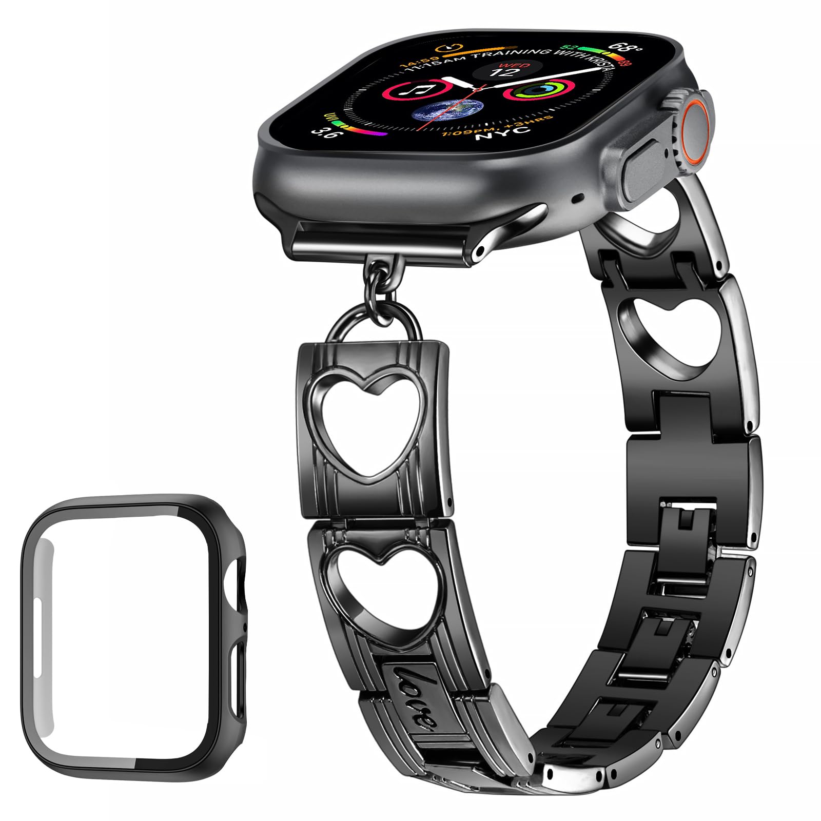 SaNgaiMEi Metal Strap Compatible with Apple Watch 41mm 40mm 38mm Women Heart Replacement Bands & 41mm Hard Case with Tempered Glass Screen Protector for iWatch SE Series 9 8 7 6 5 4 3 2 1(41mm Black)