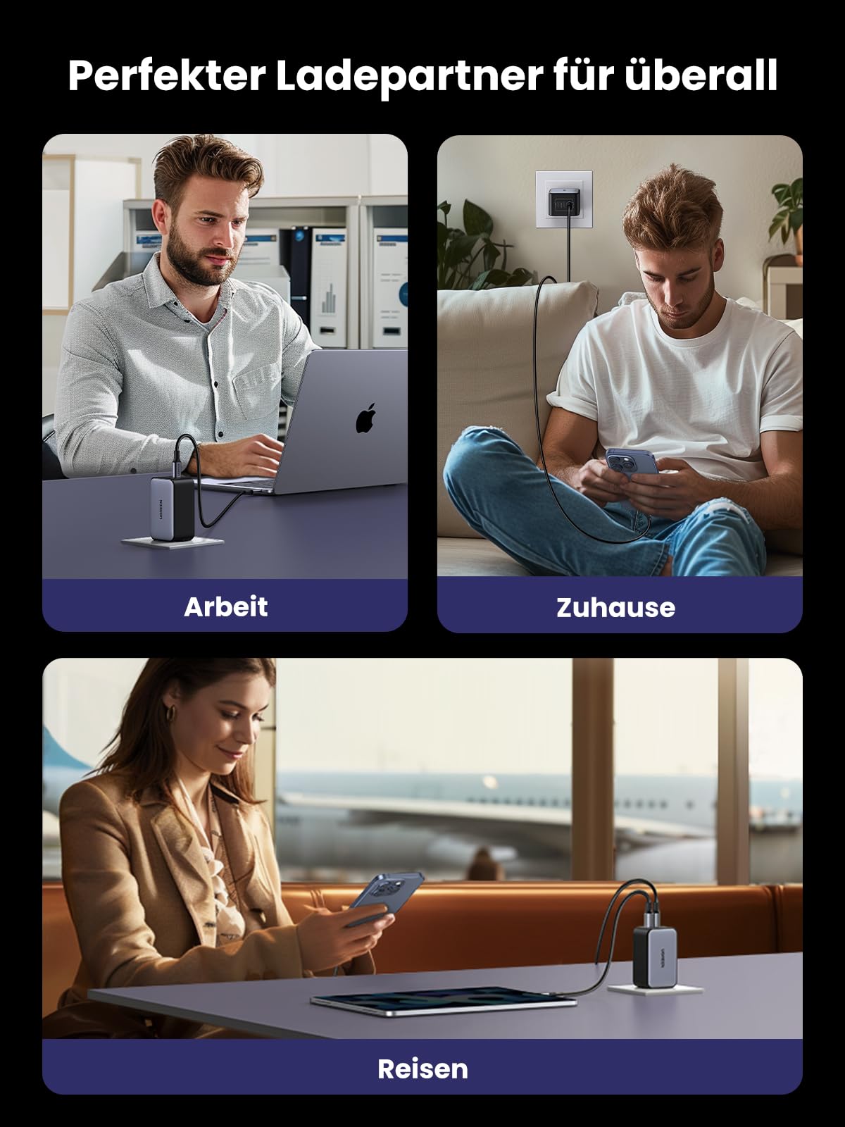 UGREEN Nexode USB C Ladegerät 65W GaN Netzteil mit 3X USB-C-Port Schnellladegerät Kompakt Charger kompatibel mit MacBook Pro/Air, HP Laptop, iPad, iPhone 17, Galaxy S24 8