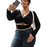 OYOANGLE Women's Plus Size Solid Long Sleeve V Neck Cut Out Tie Front Ruched Slim Fit Crop Tee Top