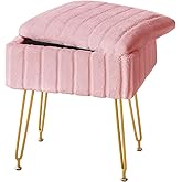 FUXA Vanity Stool with Storage, Pink Vanity Chair 4 Metal Legs with Anti-Slip Feet, Faux Fur Soft Padded Seat, Cute Small Footstool Ottoman, Modern Multifunctional Chairs for Makeup Bedroom