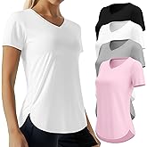 Oakgarden 4 Pack Women's Short Sleeve Workout T Shirt Side Slits Curved Hem V Neck Breathable Exercise Tops Quick Dry UV Tee(Black, White, Light Gray, Light Pink,Medium)