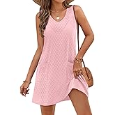 MEROKEETY Women's Summer Sleeveless Swimsuit Coverup 2025 Casual V Neck Eyelet Mini Dress Beach Sundresses