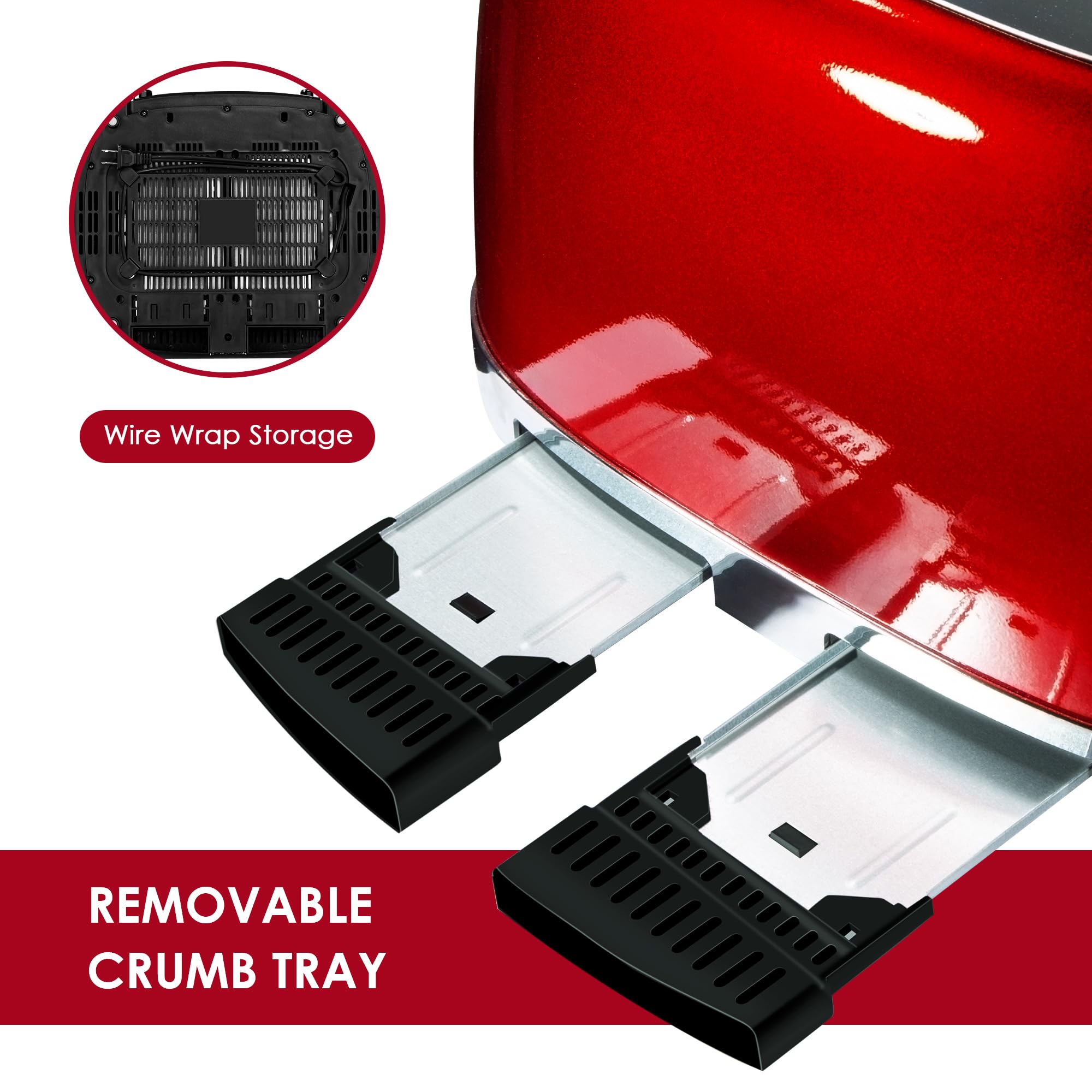 Roter Mond Tostadora de 4 rebanadas Retro de acero inoxidable con función de cancelación de descongelación de bagel, 6 configuraciones de dorado, ranura extra ancha y bandeja recogemigas extraíble, rojo, ST033