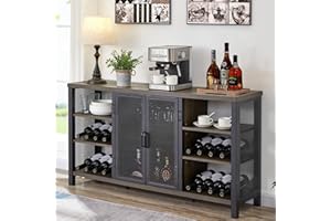 FATORRI Industrial Wine Bar Cabinet for Liquor and Glasses, Wood Coffee Bar with Wine Rack, Metal Sideboard and Buffet Cabinet (55 Inch, Walnut Brown)