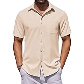 COOFANDY Men's Dress Shirts Short Sleeve Button Down Shirts Business Casual Summer Beach Tops, Beige, L