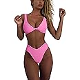 geluboao Bikini Set for Women Solid V Neck Knot Front Push Up High Leg Thong Two Piece Swimsuit