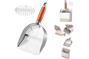 TABIFURKITC Custom 40% Thicker Side Edges 304 Stainless Steel Metal Cat Litter Scoop with Holder Stand Small Broom & Dustpan - Durable, Anti-Break Handle