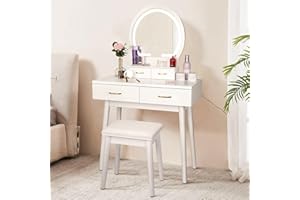SMOOL Vanity Desk with Lighted Mirror - 3 Color Lighting Modes Adjustable Brightness, 4 Drawers Makeup Table with Soft Cushioned Stool for Bedroom Studio, White