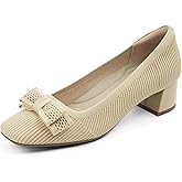 JENN ARDOR Low Chunky Heels Dress Shoes for Women Comfort Knit Block Heeled Pumps Closed Square Toe Cute Bow Slip on Shoes for Wedding Party Prom Office Work