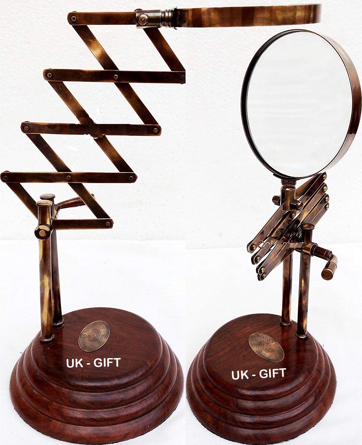 UK Gift Magnifying Glass - Vintage Style Desk Top Channer Magnifier - Nautical Brass Magnifying Glass on Wooden Base