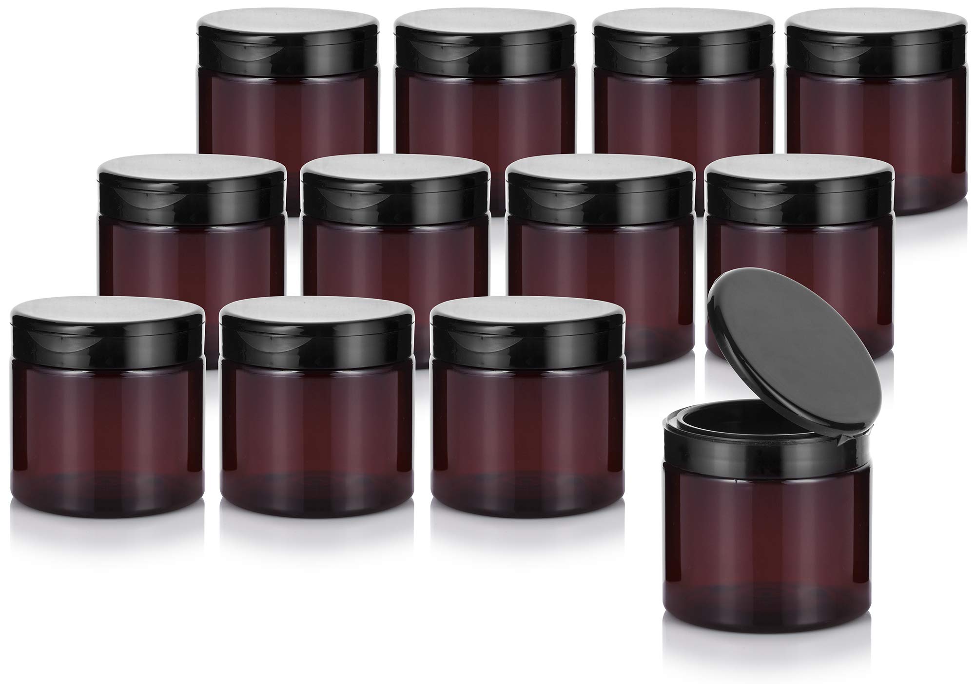 Photo 1 of (12 Pack) 16 oz Amber PET Plastic Refillable Jar with Black Flip Top Cap