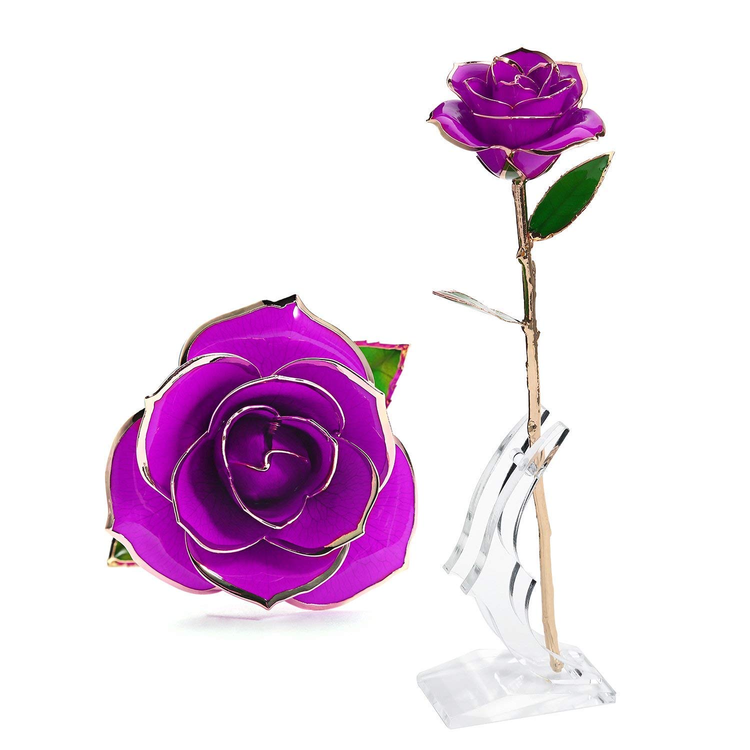 Kingpeony Valentines Day Gifts, Forever Gold Rose 24K Artificial Flowers Dipped Rose Gold Plated Rose with Transparent Stand for Lover, Mother, Girlfriend, Forever Gold Dipped Rose (Purple)