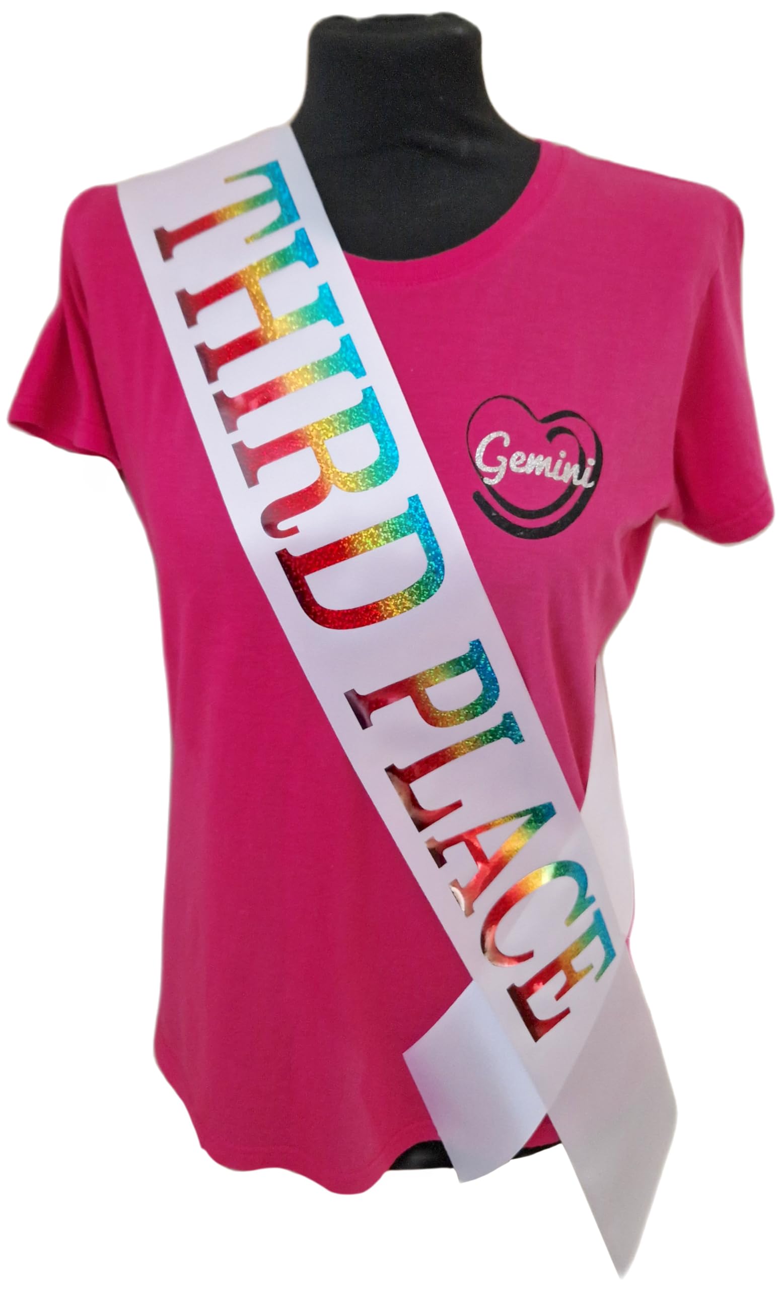 White Third Place Competition Sash - Beautiful White Satin Ribbon with Rainbow Holographic Glitter Lettering - 3rd Place