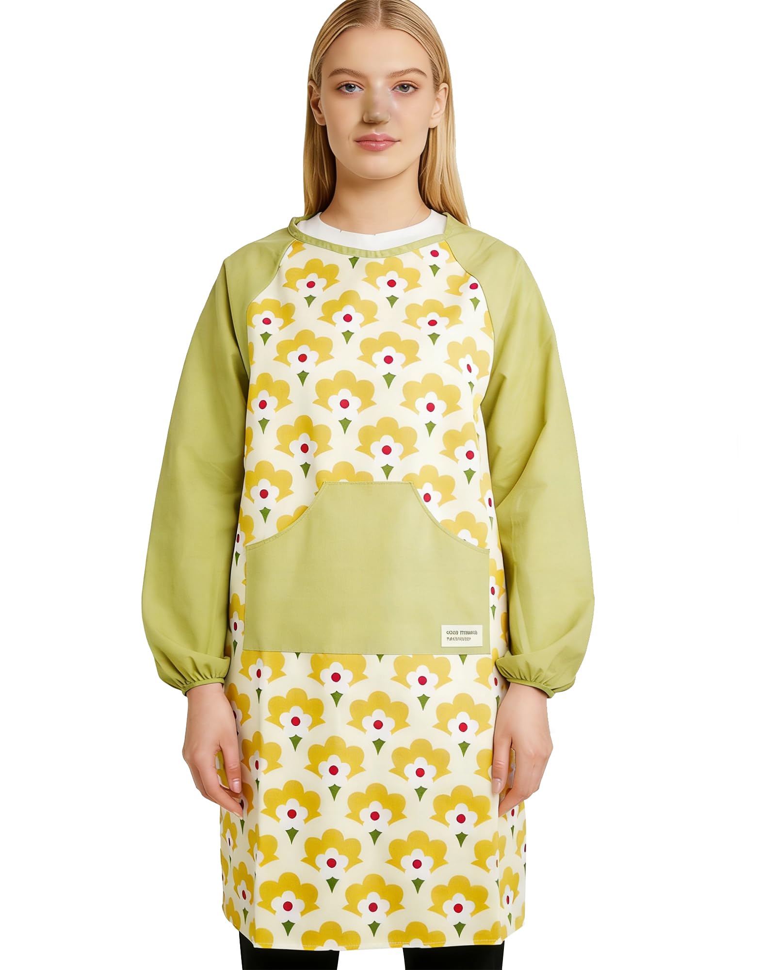 Small snail Long Sleeve Cotton Apron Waterproof Women Pinafore Kitchen Apron with Big Pockets for Cooking, Baking, Gardening, Housework