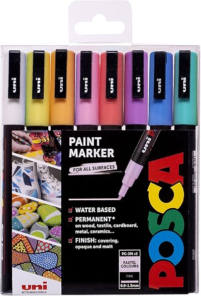 Posca PC-3M Fine Tip Acrylic Paint Marker Pens 8 Pastel Colours Pack