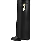 HYYH CFPL Fold Over Knee High Boots for Women Pointy Pull-on Wedge Heel Knee Shark Boot With Side Zipper Covered Wedge Heel Padlock Boot