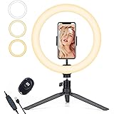 Migeec 10 inch Ring Light with Tripod Stand and Phone Holder, Dimmable Remote Control and LED RingLight for Desk Makeup/Live 